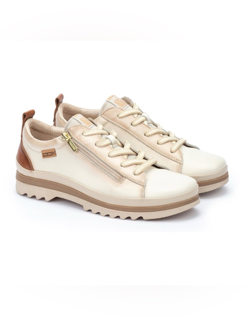 PIKOLINOS VIGO Cream and Tan Nata Women's Lace-Up Sneakers With Side Zip